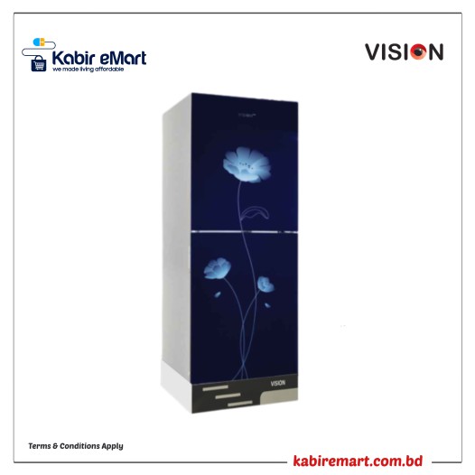 VISION Glass Door Refrigerator RE-216L Blue Peony Flower Bottom Mount