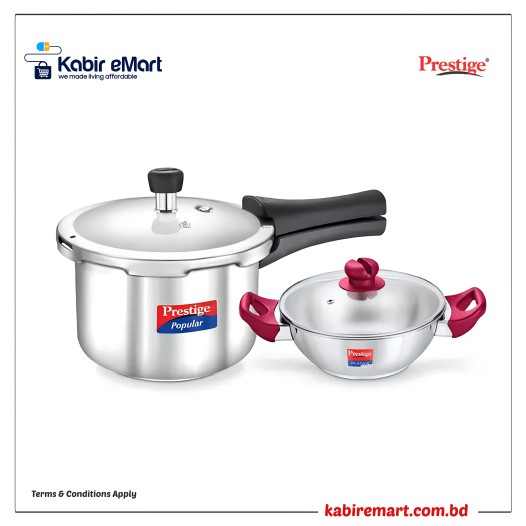 Prestige Popular Gas and Induction Compatible Pressure Cooker (3 L) + Platina Popular Kadai with Glass Lid, 22 cm (2.25 L) Kitchen Set
