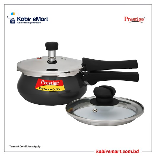 Prestige Deluxe Duo Plus Hard Apodised Pressure Cooker with 1 Glass Lid and 1 Stainless Steel Lid, (Black)