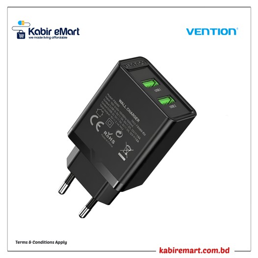 VENTION FBAB0-EU Two-Port Type-A 18W Wall Charger Adapter